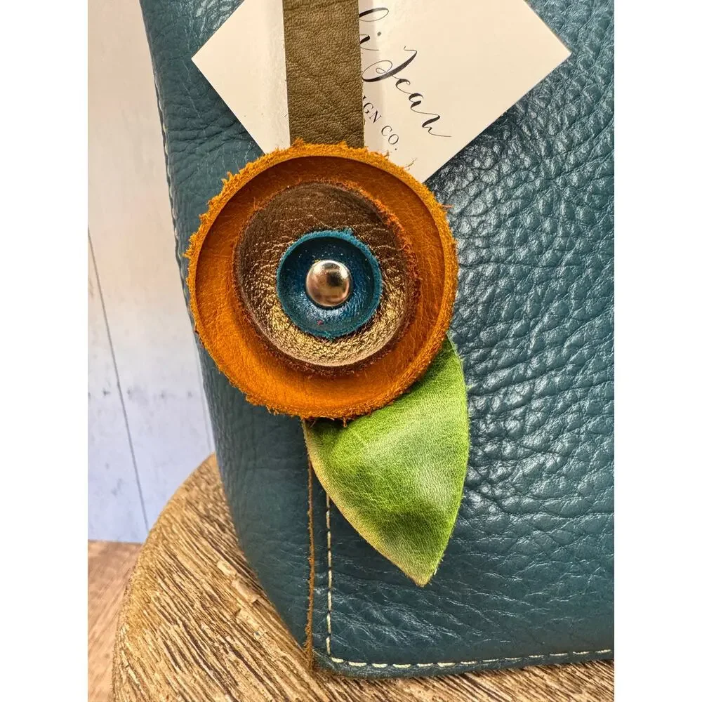 Genuine Leather Round Flower Purse Charm Tan Gold Blue Boho Bag Charm